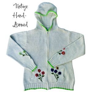 VTG SZ L Cotton Salsa Hand-Loomed In Peru Cream Hooded Floral Sweater